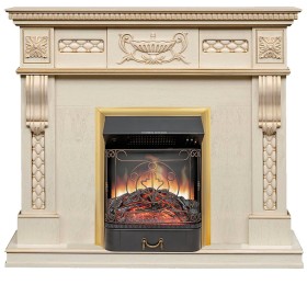 Каминокомплект Corsica Слоновая кость с патиной (Ширина 1100) с очагом Royal Flame Majestic FX Brass