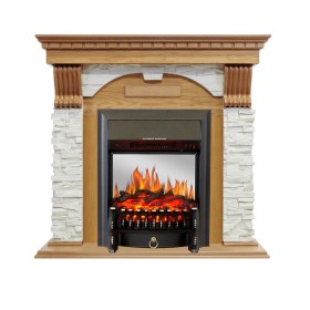 Каминокомплект Dublin Дуб / Сланец белый с очагом Royal Flame Fobos FX M Brass/Black