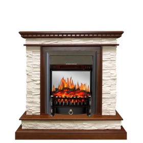 Каминокомплект Calgary Дуб / Сланец белый с очагом Royal Flame Fobos FX M Brass/Black